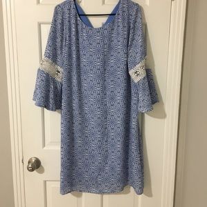 Blue Flowy Dress with Lace & Bell Sleeves